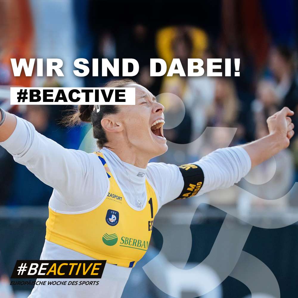 Sportlerin jubelt über ihren Erfolg. Text: Wir sind dabei. #BeActive